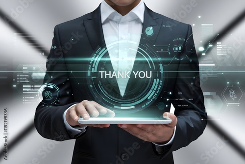 businessman using a laptop and touching the message thank you on a display screen. concept of thank you business, congratulations, and appreciation gratitude. presentation from technology digital
