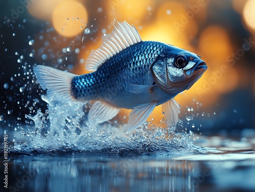 Blue Fish Leaping: Dynamic Aquatic Scene in Warm Light photo