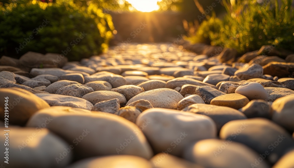 Obraz premium Serene sunset casts warm light on a smooth stone path in a beautiful outdoor living area