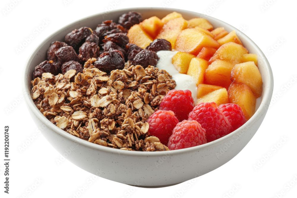 Healthy breakfast bowl with yogurt, fruits, and granola served in a white ceramic dish Healthy breakfast bowl with yogurt, fruits, and granola served in a white ceramic dish