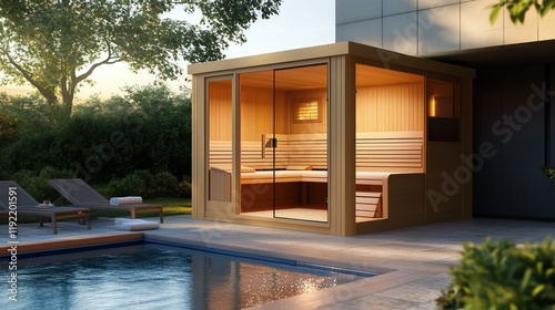 Modern outdoor sauna with a swimming pool