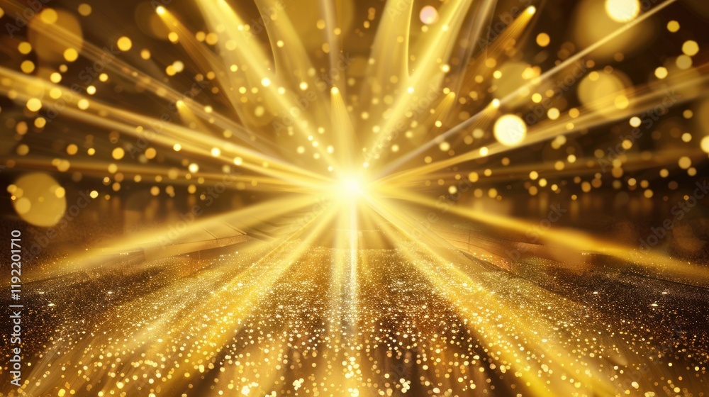 Obraz premium Golden light rays sparkle stage background