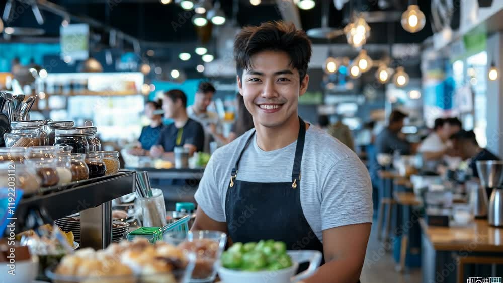 smiling handsome young Asian man working at coffee shop and restaurant, smiling wearing apron smiling handsome young Asian man working at coffee shop and restaurant, smiling wearing apron