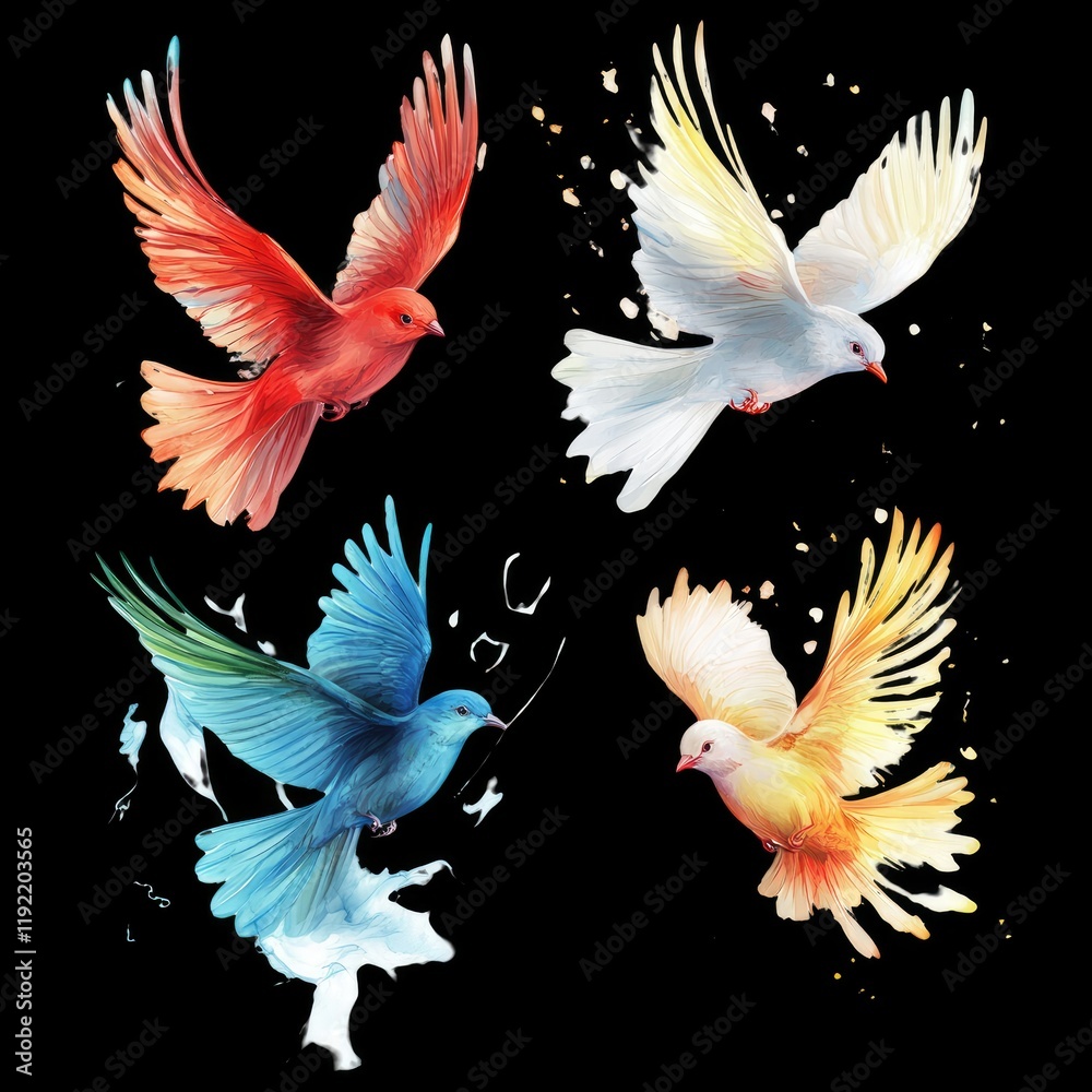 A Vibrant Collection of Colorful Birds in Flight, Featuring Red, Blue, Yellow and White Feathers Against a Black Background A Vibrant Collection of Colorful Birds in Flight, Featuring Red, Blue, Yellow and White Feathers Against a Black Background