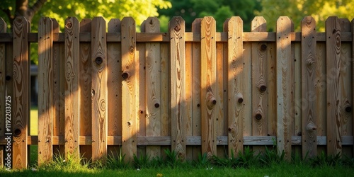 A rustic wooden fence bathed in the warm glow of sunlight, creating a picturesque scene of natural beauty and tranquility