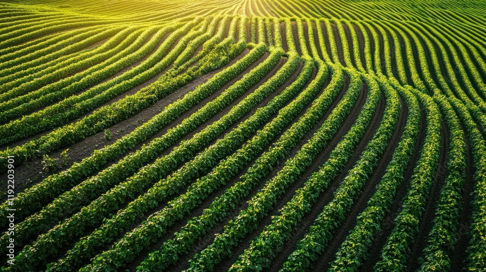 Aerial View of Serene Rolling Green Farmland Under Golden Sunlight Aerial View of Serene Rolling Green Farmland Under Golden Sunlight
