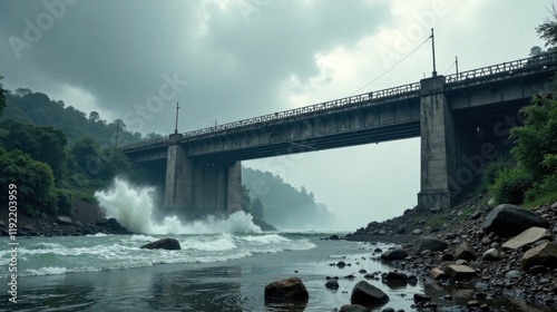 Turbulent River Waters Crashing Against a Sturdy Bridge Pier on an Overcast Day