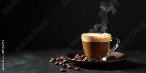 Aromatic Coffee Drink with Milk Foam and Roasted Beans on Dark Surface
