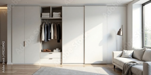 Modern minimalist bedroom with built-in sliding door wardrobe and comfortable sofa