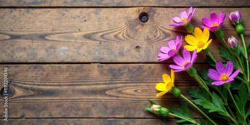 Vibrant blossoms arranged on rustic wooden planks, creating a charming and cheerful floral composition perfect for springtime announcements or seasonal greetings.