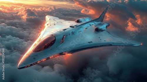 Futuristic spacecraft soaring through vibrant clouds at sunset over an alien landscape