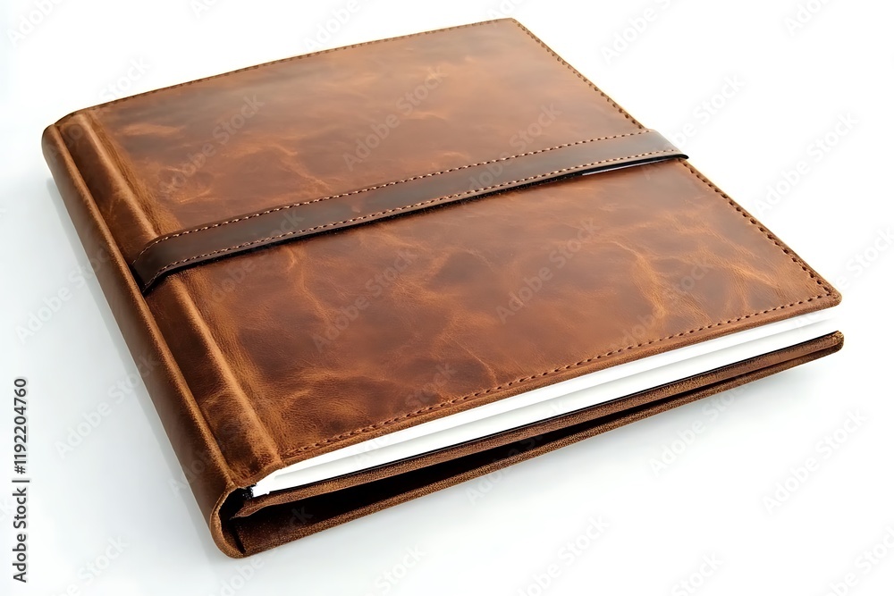 Elegant brown leather travel photo album with a sleek, refined texture and subtle design elements, set against white. Elegant brown leather travel photo album with a sleek, refined texture and subtle design elements, set against white.