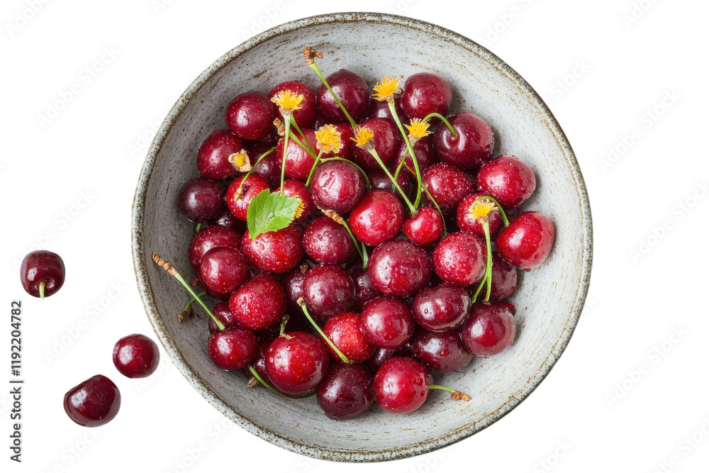 Fresh cherries arranged in a gray bowl with yellow flowers and green leaves on a clean backdrop Fresh cherries arranged in a gray bowl with yellow flowers and green leaves on a clean backdrop
