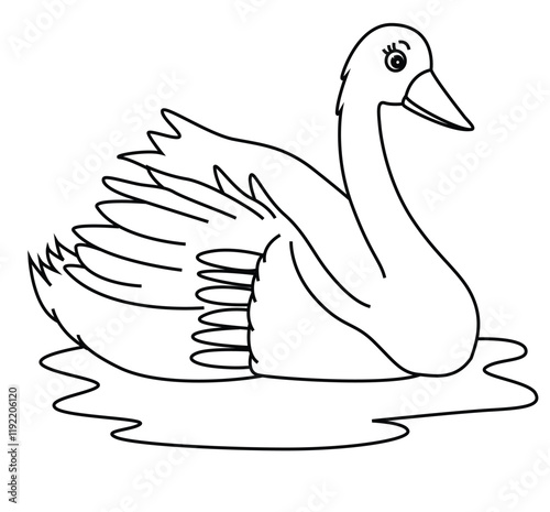 Cute cartoon hand drawn vector swan floating in water coloring page.