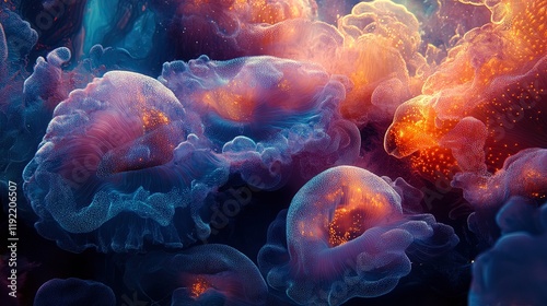 Bold and vibrant underwater abstract patterns with glowing coral shapes and luminescent tones photo