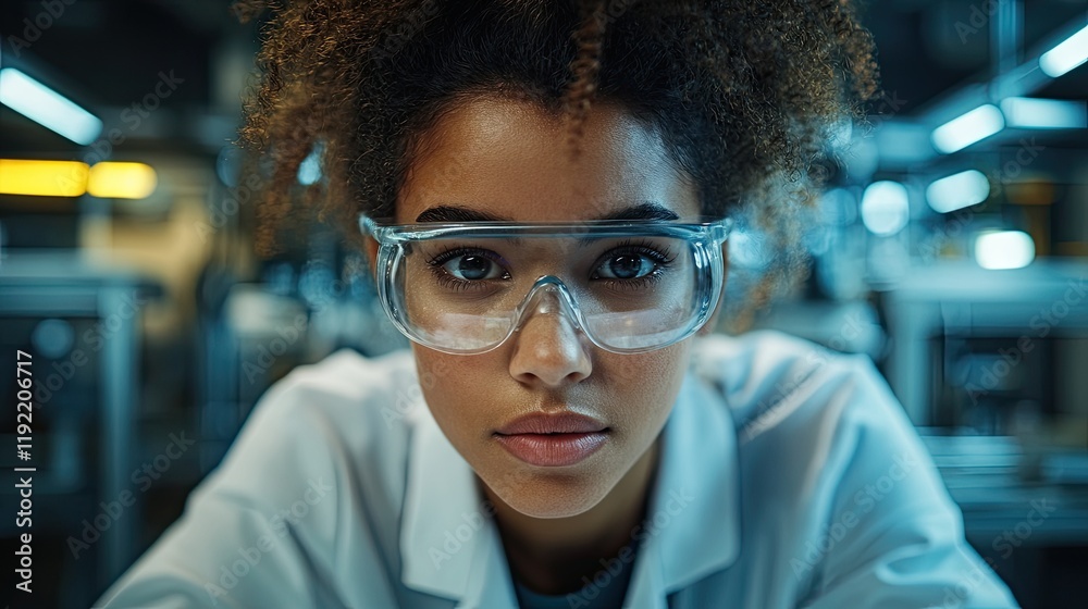 Young scientist in laboratory wearing safety goggles and white coat, focused on research at a modern facility Young scientist in laboratory wearing safety goggles and white coat, focused on research at a modern facility