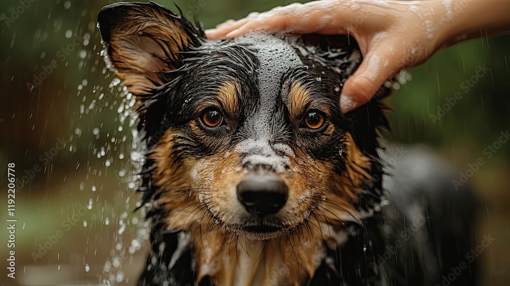 Dog being bathed outdoors with water and soap on a sunny day in a lush garden setting Dog being bathed outdoors with water and soap on a sunny day in a lush garden setting