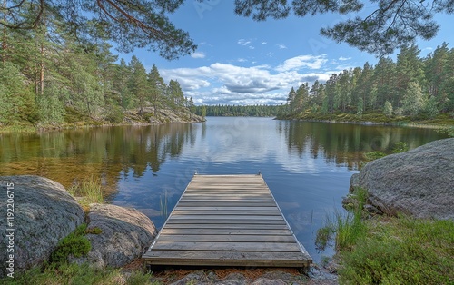 Wallpaper Mural Traditional Finnish summer lake view, rustic wooden dock stretching over calm waters, sunlight reflecting on forested landscape, vibrant blue sky, serene nature scene Torontodigital.ca