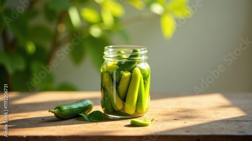 Sunlit Jar of Pickled Green Peppers and a Zucchini on Wooden Table