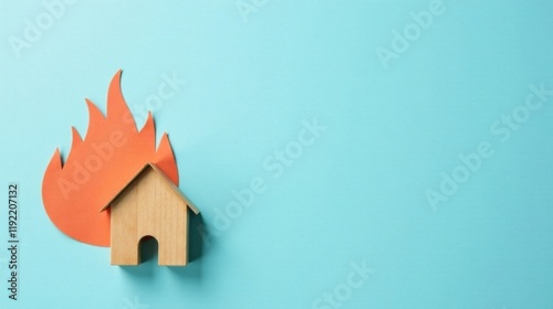 A Small Wooden House Model Threatened by a Paper Flame Representing the Risk of Fire Damage