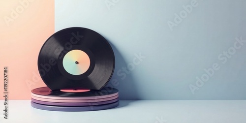 A stack of vinyl records against a pastel backdrop featuring a single prominent record on top, creating a visually appealing and nostalgic scene.