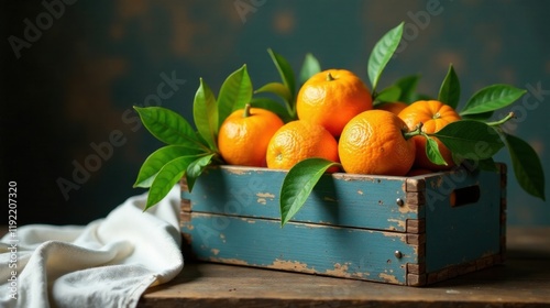 A rustic, teal-colored wooden crate overflowing with vibrant, sun-ripened oranges, nestled amongst lush green leaves, sits on a dark wooden surface, next to a soft, white cloth.