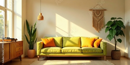 Sunlit Living Room with Lime Green Sofa and Macrame Wall Hanging