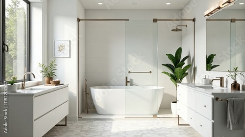 Modern minimalist bathroom design with freestanding tub and double vanity