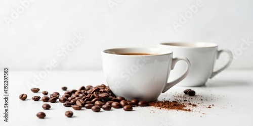 Aromatic Coffee Beans and Two Cups of Fresh Brewed Coffee on a White Surface