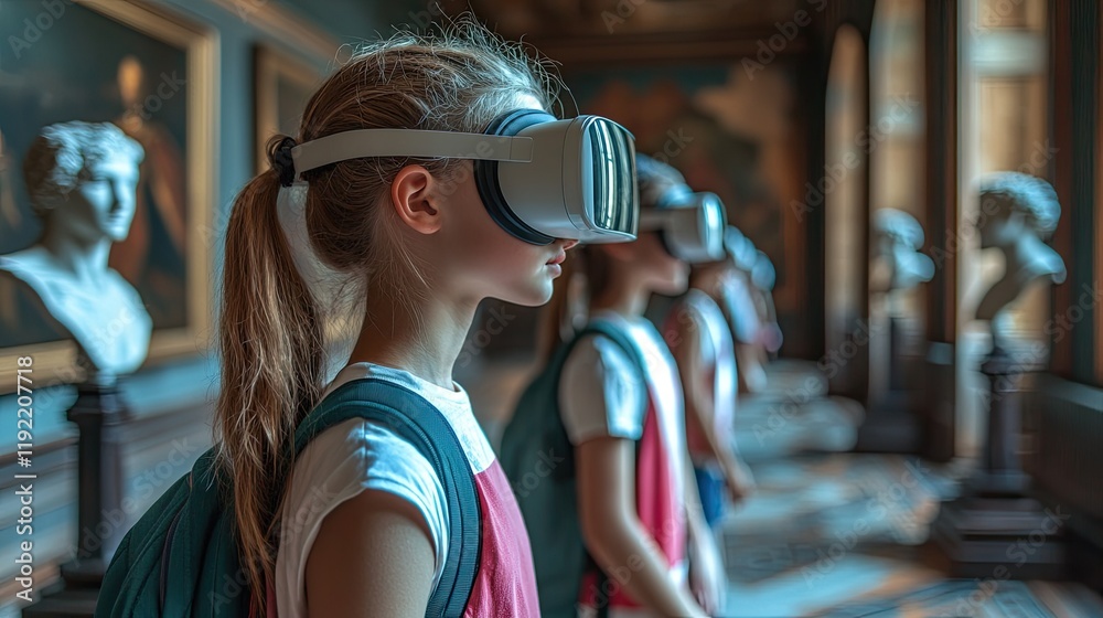 Obraz premium Students explore virtual reality in an art gallery filled with classic sculptures during a school field trip