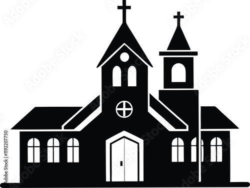 Christianity church building with cross icon silhouette