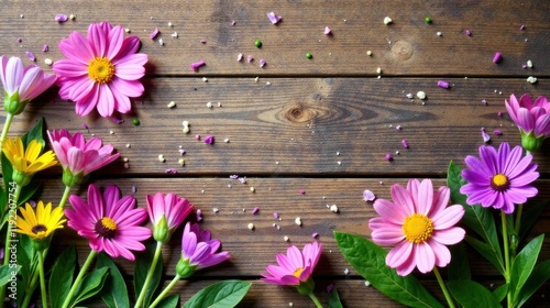 Vibrant Blossoms Arranged on Rustic Wooden Surface, Creating a Delightful Floral Border