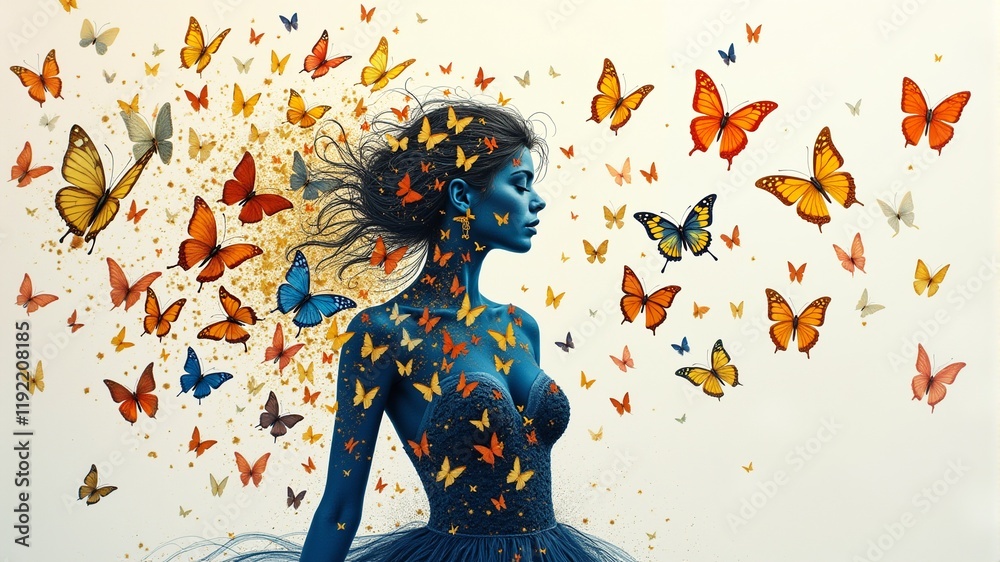 Fototapeta premium Art of a girl and butterflies flying everywhere