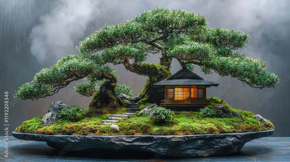 Bonsai landscape with a traditional house. Bonsai landscape with a traditional house.