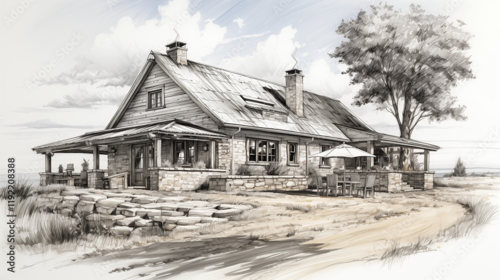 Cafe in the village in an old house, simple black and white sketch, drawing Cafe in the village in an old house, simple black and white sketch, drawing