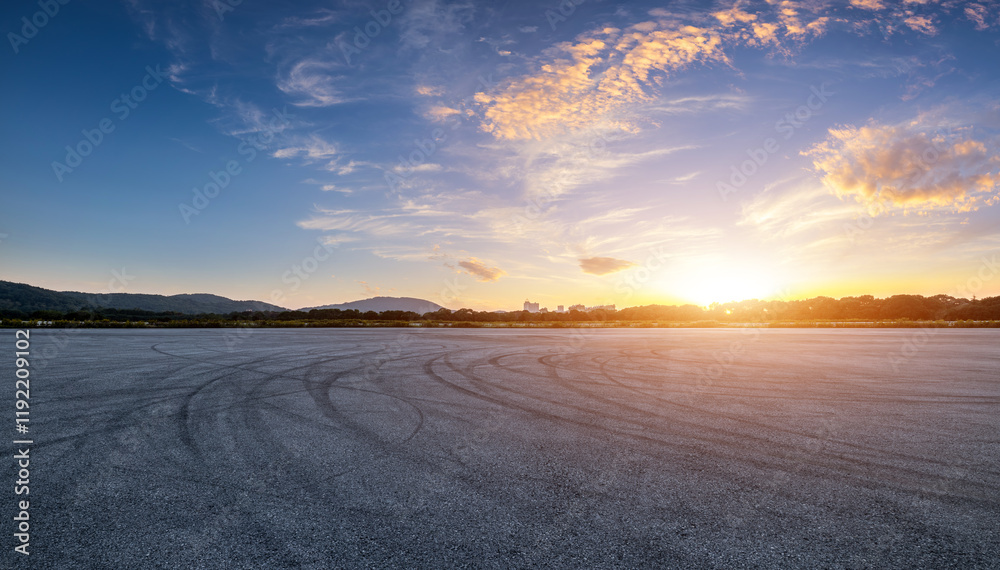 Asphalt road square and sky clouds nature background at sunset . Outdoor asphalt parking lot.