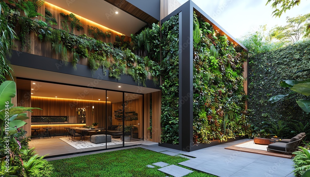 Fototapeta premium 3D rendering of a home with vertical garden, green wall filled with lush plants, innovative and sustainable design, bringing nature into urban living spaces