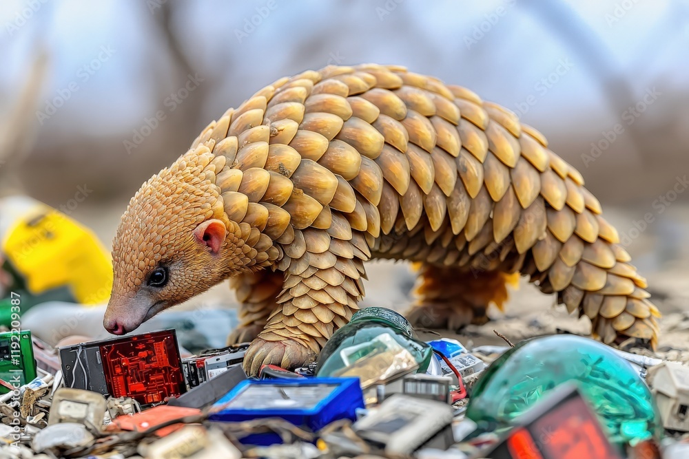 Fototapeta premium Pangolin foraging amidst electronic waste, highlighting environmental pollution and wildlife impact.