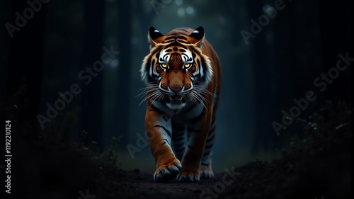 An angry tiger is walking along a forest path in search of prey