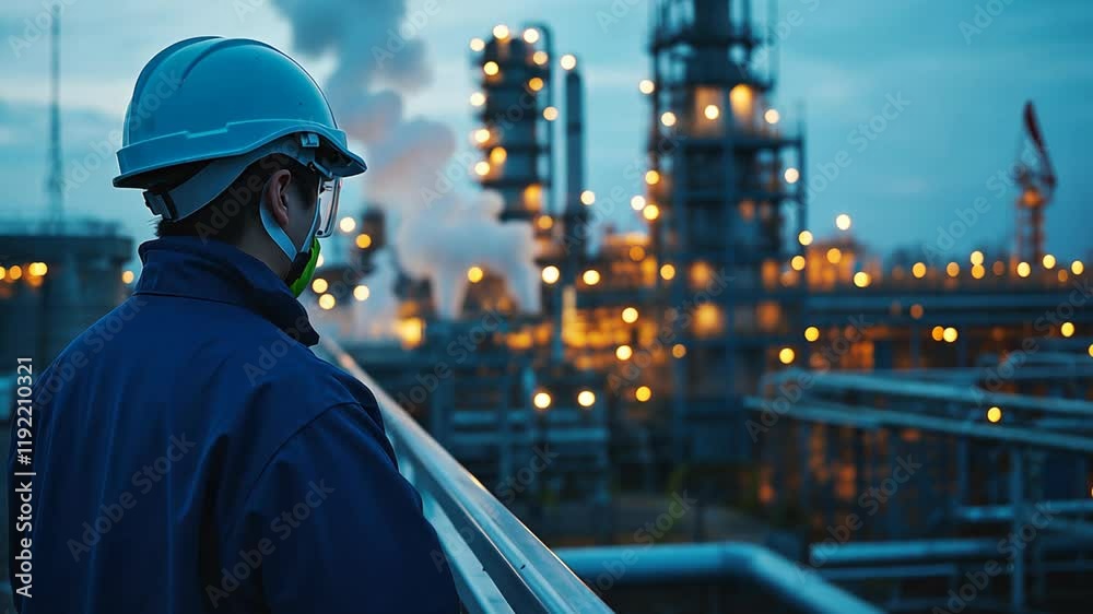 an engineer at petroleum factory with light lamps and smoke 
