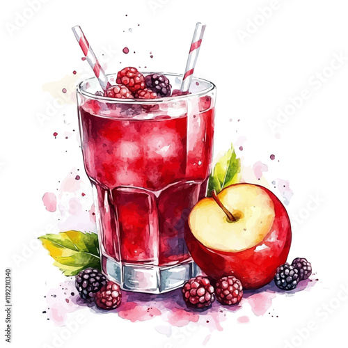 A watercolor of a glass of apple berry juice, isolated on a white background. Apple berry juice vector.
