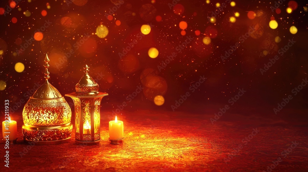 Festive lanterns and candles on a red background, celebrating Ramadan. Ideal for holiday greetings Festive lanterns and candles on a red background, celebrating Ramadan. Ideal for holiday greetings