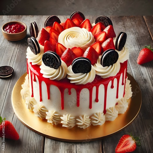 A beautifully decorated strawberry cake with oreo cookies and dripping red glaze on a wooden table surface