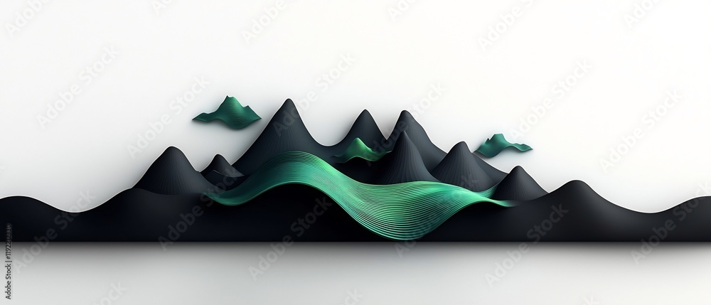 Surreal Geometric Landscape with Undulating Mountain Silhouettes and Luminous Green Shapes Surreal Geometric Landscape with Undulating Mountain Silhouettes and Luminous Green Shapes