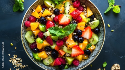 A vibrant bowl of fresh fruit salad with mint