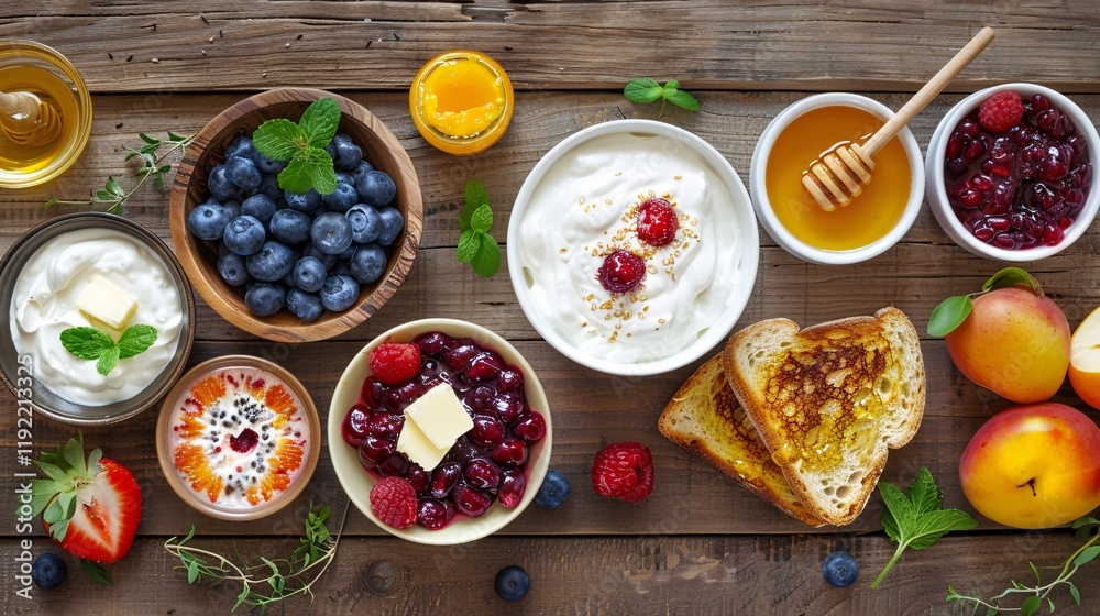 Greek yogurt dish with fresh fruits, honey, crispy toast, butter, and jam on a wooden table Greek yogurt dish with fresh fruits, honey, crispy toast, butter, and jam on a wooden table