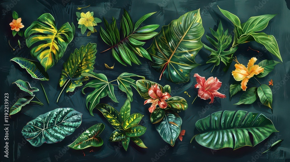 Naklejka premium Illustrative elements of nature, such as leaves and flowers, on a card for a creative professional.