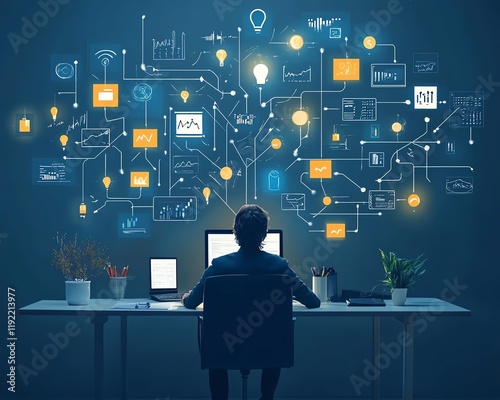 Chaotic business process with complex, messy management, tangled decision tree, overwhelming workload, visualizing disorganization and confusion in a corporate environment