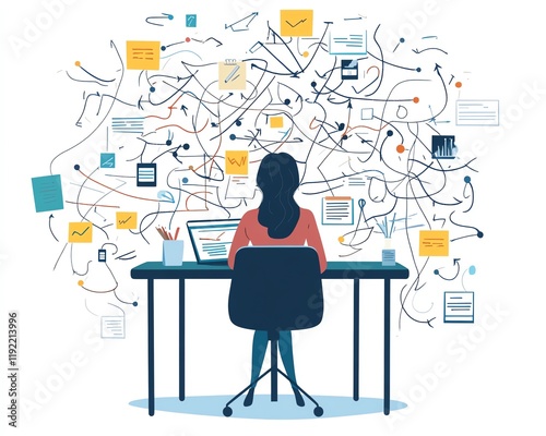 Chaotic business process with complex, messy management, tangled decision tree, overwhelming workload, visualizing disorganization and confusion in a corporate environment