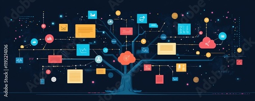 Chaotic decision tree and disorganized business process, messy management structure, illustrating complex and inefficient workflows in a corporate environment